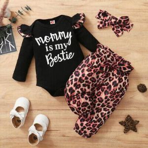 My Baby&Me 1 3PCS Newborn Baby Girl Letter Romper Top Leopard Long Pants and Headband Outfit
